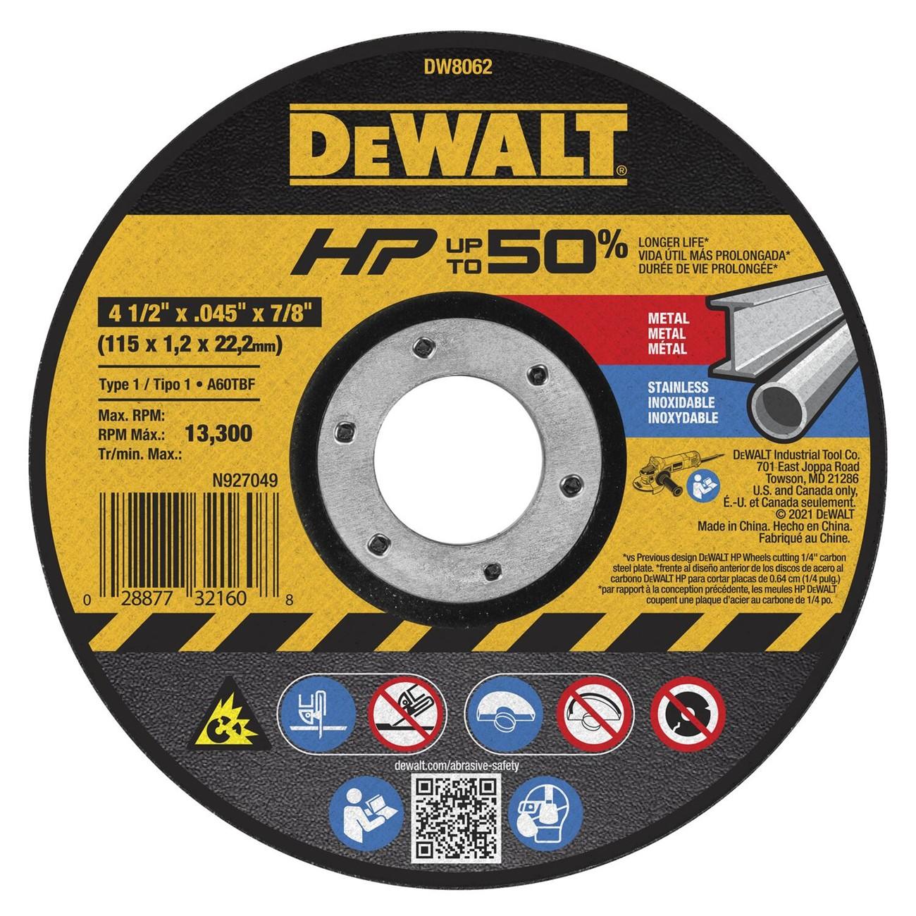 DW8062Z DeWalt Metal Cut Off Wheel, Type 1, 4-1/2