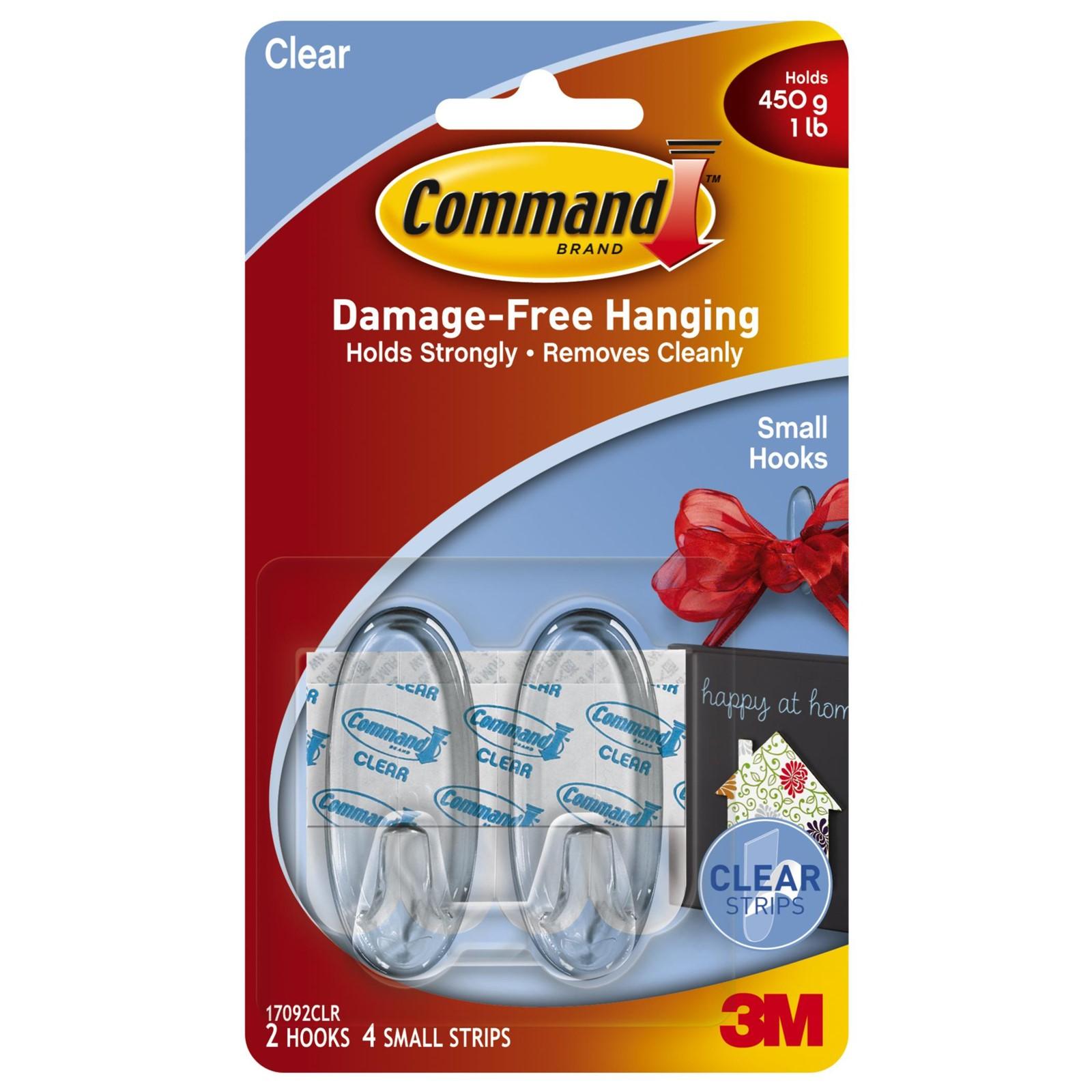 Clear+Hooks+%26+Strips%2C+Plastic%2C+Small%2C+2+Hooks+%26+4+Strips%2Fpack