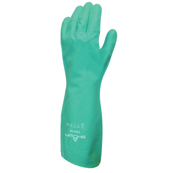 73010 Showa 730 FlockLined Nitrile Glove, 13", Green, Size 10